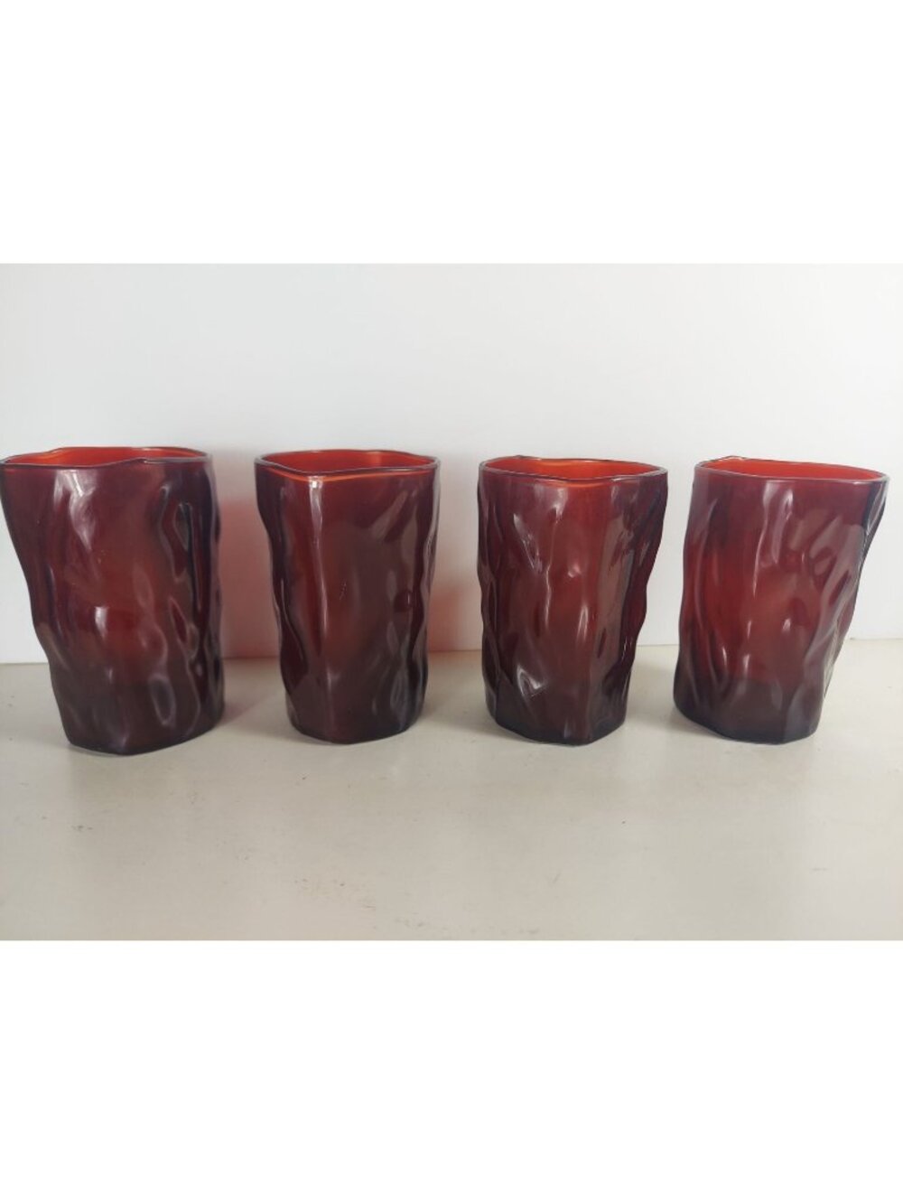 4 Morgantown Crinkle Ruby 3 1/2" Juice Glasses